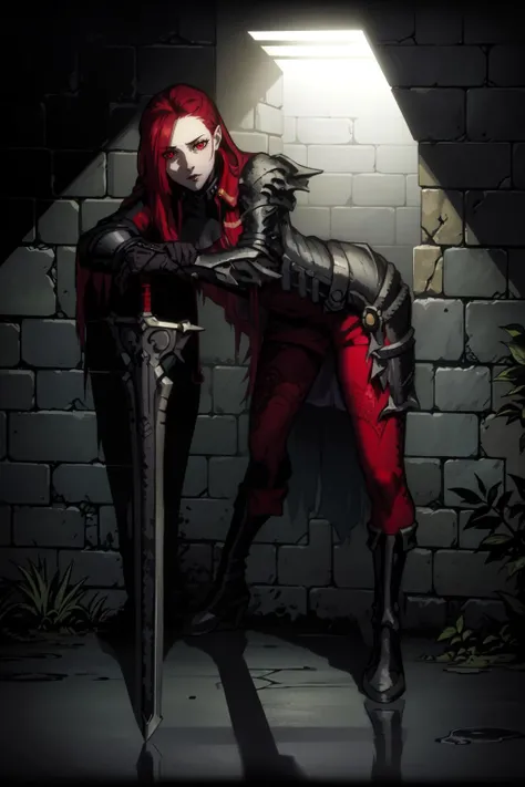 masterpiece, intricate, detailed, darkest dungeon, ddstyle, 1girl, long hair, red hair, knight, leaning against longsword, bare legs, gothic manor, corridor, overgrown, soft lighting, shadows, reflection, mirage, H.R. Giger <lora:DarkestDungeonV2:0.45>