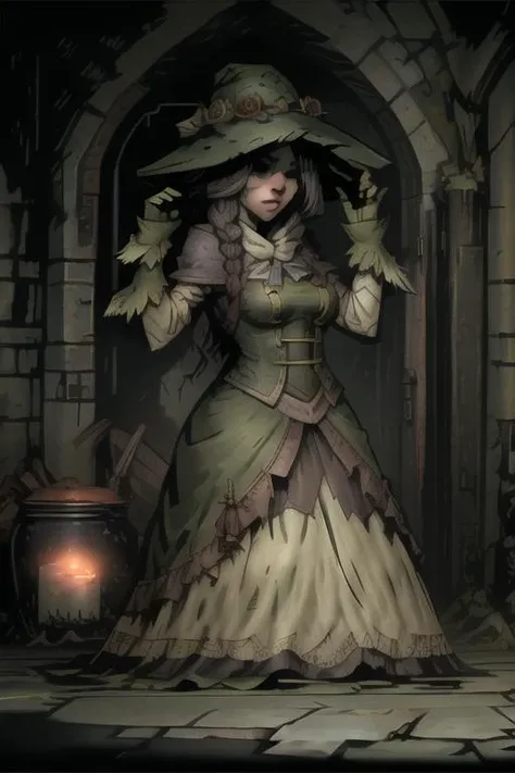 ddstyle,maribel garlick, (darkest dungeon), 1girl,green hat,green dress,<lora:Mirabel_Garlick:0.7> <lora:DarkestDungeonV2:1>