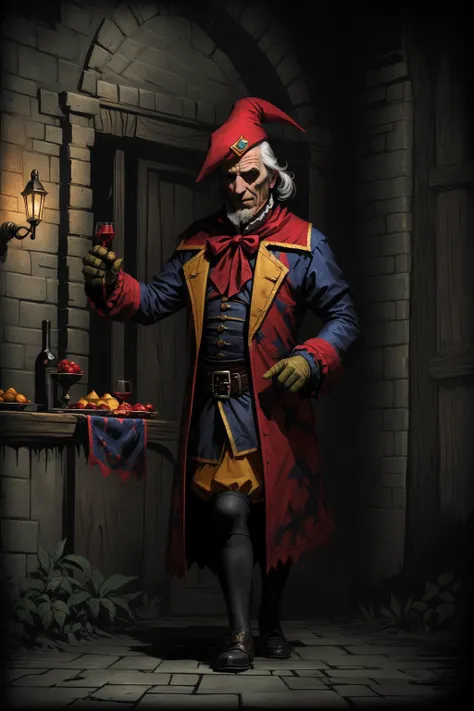 masterpiece, (darkest dungeon), ddstyle, a Sumptuous older man Tavern walking torwards viewer, jester costume, gothic manor <lora:DarkestDungeonV2:0.4>