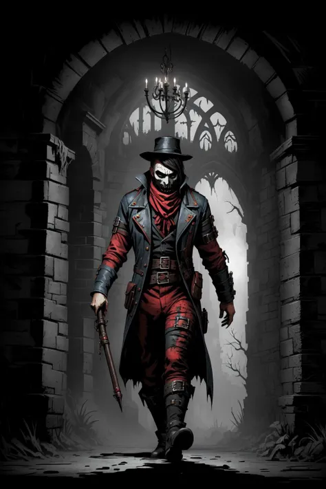 masterpiece, (darkest dungeon), ddstyle, a Far-reaching man Thunderclap walking torwards viewer, zombie hunter costume, (gothic manor), damp <lora:DarkestDungeonV2:0.4>