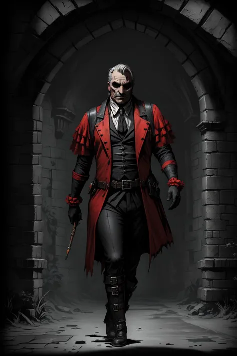 masterpiece, (darkest dungeon), ddstyle, a Magnificent middle-aged man Contempt walking torwards viewer, carnival costume, (gothic manor), damp <lora:DarkestDungeonV2:0.4>