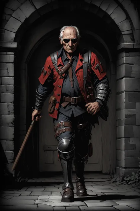 masterpiece, (darkest dungeon), ddstyle, a Far-reaching old man Armor walking torwards viewer, teddy bear costume, gothic manor <lora:DarkestDungeonV2:0.4>