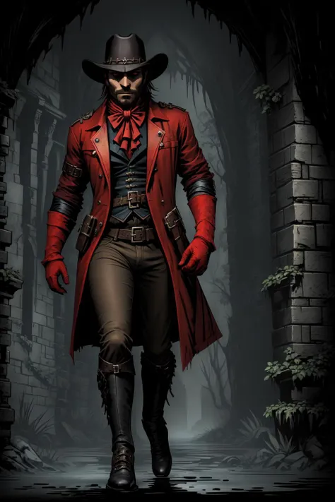 masterpiece, (darkest dungeon), ddstyle, a Sumptuous man Southeast walking torwards viewer, cowboy costume, (gothic manor), damp <lora:DarkestDungeonV2:0.4>