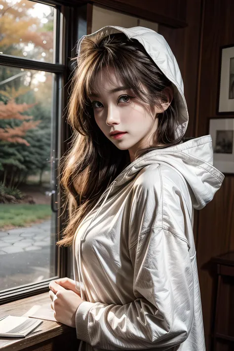 masterpiece, best quality, 8k, ultra highres, realistic
(beautiful eyes:1.1), beautiful woman, black hair, solo, summer clothing, white hoodie, hood down, standing, indoors,
in the maple forest in autumn, red leaves fall like rain, the goddess sat alone under a tall maple tree, holding a book in her arms and looking gently into the distance, falling on her shoulders like feathers,
looking at viewer,
The sun sha on her through the gaps between, like a golden mottle, adding a bit of mystery to her, arousing people's yearning for beauty,
((medium view, upper body)),
real light and shadow, <lora:fanfan:0.8>, <lora:add_detail:2>