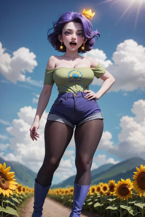 (masterpiece, best quality:1.2),  <lora:brandylynn:1>, brandy lynn, 1girl, breasts, boots, pantyhose, shorts, purple hair, cleavage, large breasts, earrings, high heels, shirt, jewelry, crown, purple eyes, solo, colored skin, open mouth, off-shoulder shirt, off shoulder, black pantyhose, high heel boots, bare shoulders, short shorts, short hair, star \(symbol\), flower, sunflower, day, cloud, sky, field, flower field, sun, open mouth, smile, outdoors, dutch angle