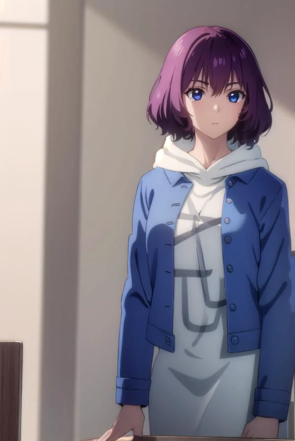 tangrou, <lora:tangrou-lora-nochekaiser:1>,
tang rou, short hair, (purple eyes:1.1), purple hair,
BREAK jacket, hood, hoodie, blue jacket, dress,
BREAK indoors,
BREAK looking at viewer, (cowboy shot:1.5),
BREAK <lyco:GoodHands-beta2:1>, (masterpiece:1.2), best quality, high resolution, unity 8k wallpaper, (illustration:0.8), (beautiful detailed eyes:1.6), extremely detailed face, perfect lighting, extremely detailed CG, (perfect hands, perfect anatomy),
