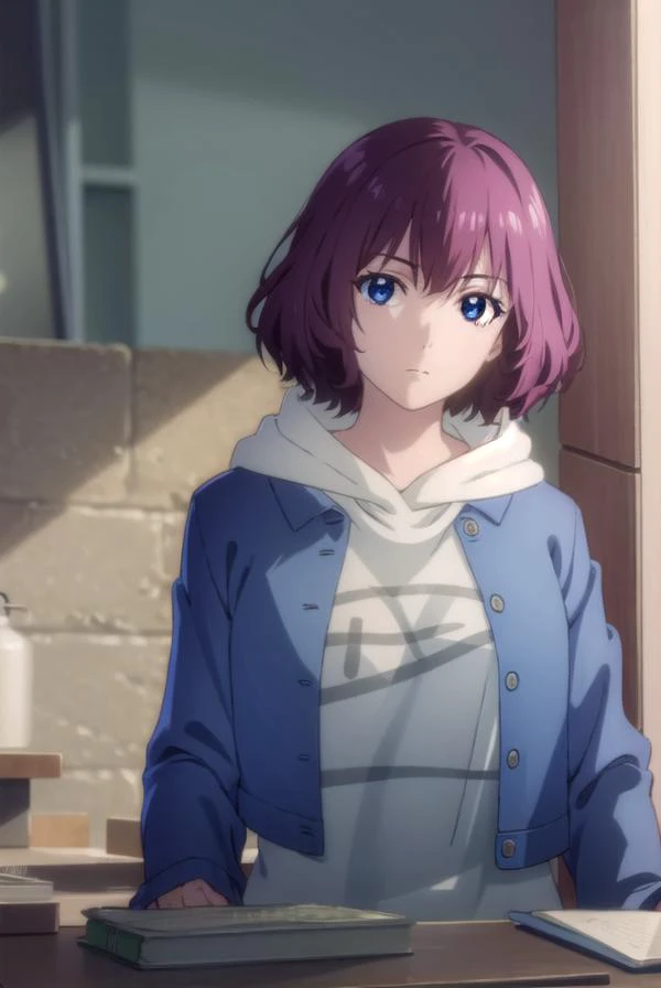 tangrou, <lora:tangrou-lora-nochekaiser:1>,
tang rou, short hair, (purple eyes:1.1), purple hair,
BREAK jacket, hood, hoodie, blue jacket, dress,
BREAK indoors,
BREAK looking at viewer, (cowboy shot:1.5),
BREAK <lyco:GoodHands-beta2:1>, (masterpiece:1.2), best quality, high resolution, unity 8k wallpaper, (illustration:0.8), (beautiful detailed eyes:1.6), extremely detailed face, perfect lighting, extremely detailed CG, (perfect hands, perfect anatomy),