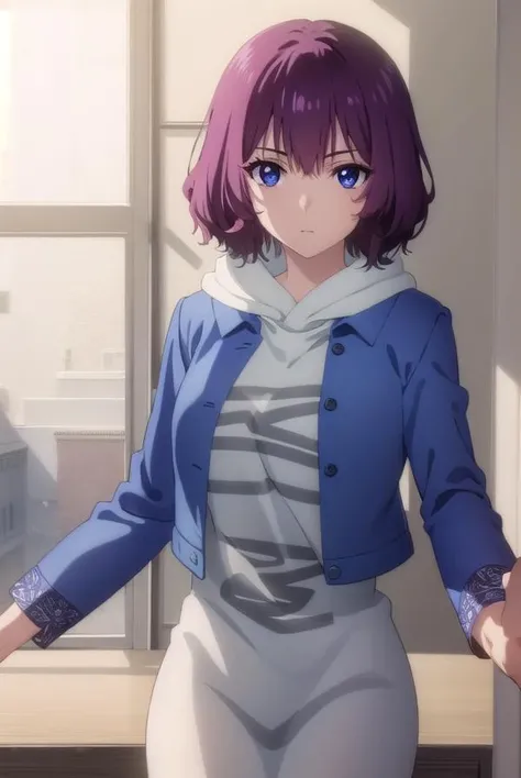 tangrou, <lora:tangrou-lora-nochekaiser:1>,
tang rou, short hair, (purple eyes:1.1), purple hair,
BREAK jacket, hood, hoodie, blue jacket, dress,
BREAK indoors,
BREAK looking at viewer, (cowboy shot:1.5),
BREAK <lyco:GoodHands-beta2:1>, (masterpiece:1.2), best quality, high resolution, unity 8k wallpaper, (illustration:0.8), (beautiful detailed eyes:1.6), extremely detailed face, perfect lighting, extremely detailed CG, (perfect hands, perfect anatomy),