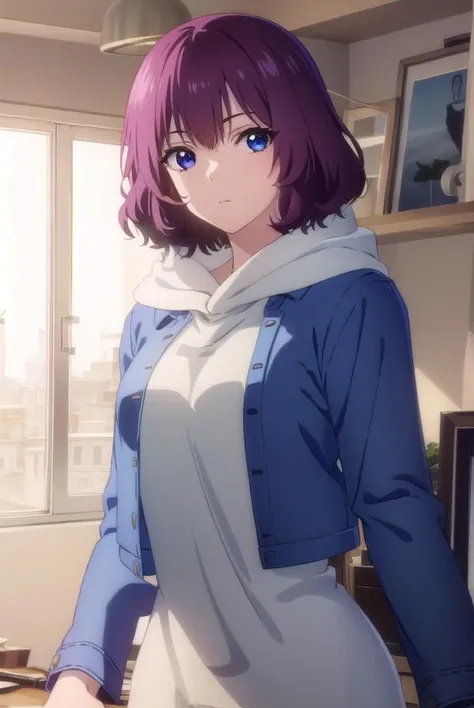 tangrou, <lora:tangrou-lora-nochekaiser:1>,
tang rou, short hair, (purple eyes:1.1), purple hair,
BREAK jacket, hood, hoodie, blue jacket, dress,
BREAK indoors,
BREAK looking at viewer, (cowboy shot:1.5),
BREAK <lyco:GoodHands-beta2:1>, (masterpiece:1.2), best quality, high resolution, unity 8k wallpaper, (illustration:0.8), (beautiful detailed eyes:1.6), extremely detailed face, perfect lighting, extremely detailed CG, (perfect hands, perfect anatomy),