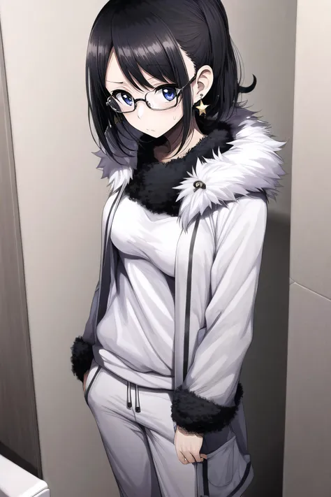 (masterpiece, best quality:1.2), sharp focus,
shiny skin, 1girl, solo,
<lora:motsuaki:1>, motsuaki,
1girl, solo, from above, bathroom, day, w arms, black hair, medium hair, hair pulled back, two-tone eyes, pale skin, fur coat, sweatpants, round eyewear, star earrings, medium breasts, skin fang,
<lora:Mild detail adjusterV10:0.5>