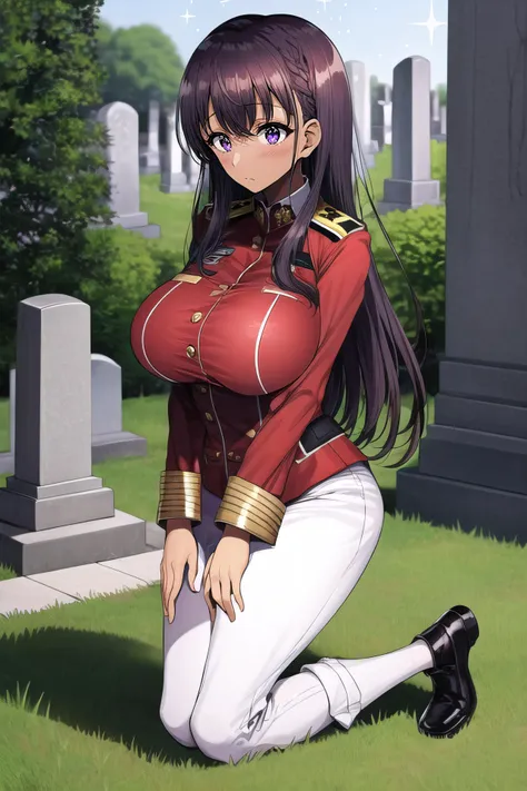 (masterpiece, best quality:1.2), sharp focus,
shiny skin, 1girl, solo,
<lora:motsuaki:1>, motsuaki,
1girl, solo, from side, cemetery, dusk, kneeling, amber hair, long hair, bangs, purple eyes, dark skin, dark-skinned female, military uniform, huge breasts, sparkling eyes,
<lora:Mild detail adjusterV10:0.5>