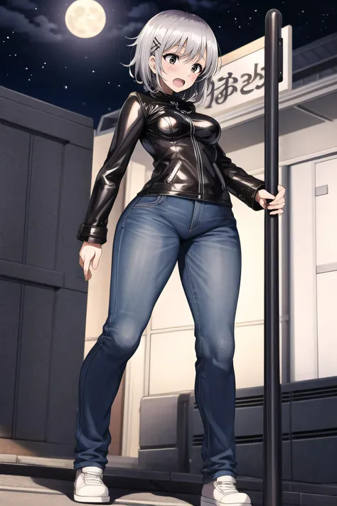 (masterpiece, best quality:1.2), sharp focus,
shiny skin, 1girl, solo,
<lora:motsuaki:1>, motsuaki,
1girl, solo, from below, bus stop, night, full moon, standing on one leg, gray hair, very short hair, hair over breasts, black eyes, thick, leather jacket, jeans, gradient ribbon, hair ribbon, silver footwear, socks, medium breasts, open mouth,
<lora:Mild detail adjusterV10:0.5>