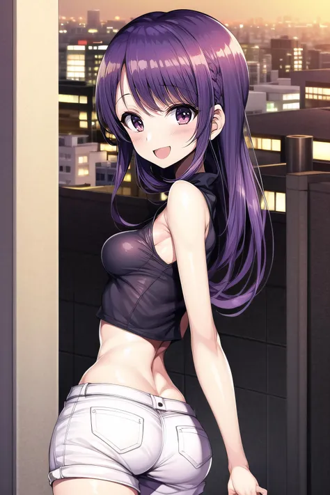 (masterpiece, 最high quality, detailed), One girl, alone, View Viewer, Kanadev, Purple eyes, Black Hair, Long Hair, blunt bangs, bangs, hair ornaments, Side Ponytail, 蝶 hair ornaments, Best Bust、Medium chest、Beautiful Eyes、Pink Hair, Very short hair、thin、high quality、Beautiful art、月nightの庭園、night、Exquisite design、Best lighting、最高detailed、8ｋ、squatting, white leotard, smile,