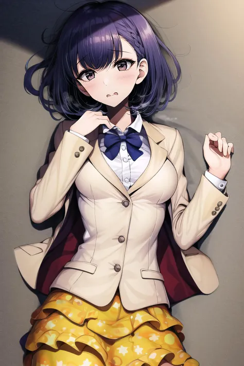 (masterpiece, best quality:1.2), sharp focus,
shiny skin, 1girl, solo,
<lora:motsuaki:1>, motsuaki,
1girl, solo, straight-on, prairie, day, clouds, lying, on back, starry print hair, very short hair, swept bangs, white eyes, tall, blazer, layered skirt, frills, small breasts, skin fang,
<lora:Mild detail adjusterV10:0.5>