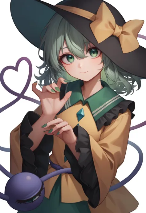 score_9,score_8_up,score_7_up,<lora:komeiji_koishi:1>,1girl, absurdres, black_hat, closed_mouth, collared_shirt, fingernails, frilled_shirt_collar, frilled_sleeves, green_eyes, green_hair, green_nails, hair_between_eyes, hat_ribbon, heart_of_string, highres, komeiji_koishi, long_sleeves, looking_at_viewer, medium_hair, nail_polish, simple_background, solo, third_eye, white_background, wide_sleeves, yellow_ribbon, yellow_shirt