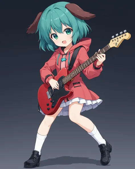 kasodani kyouko,1girl, solo, open_mouth, white_socks, full_body, kneehighs, long_sleeves, holding_instrument, hood, black_footwear, red_jacket, :d, electric_guitar, shoes, looking_at_viewer, pink_dress
<lora:kasodani_kyouko_image2405_2023-12-20-000008:1>,star-shaped_pupils,symbol-shaped_pupils,. gorgeous,key visual, vibrant, studio anime,award-winning, professional, highly detailed,high budget, cinemascope