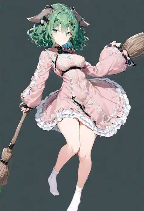 masterpiece, best quality, ultra-detailed, beautiful, nai3, 1girl, solo, full_body, tachi-e, 
kasodani_kyouko, solo, 1girl, too_many_lace, lace, short_hair, long_sleeves, dress, green_eyes, animal_ears, green_hair, socks, tail, white_socks, wavy_hair, frilled_skirt, pink_dress, broom, hair_flaps,