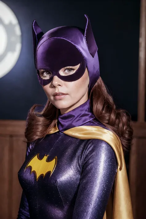 (full body:0.7), photorealistic photo of Batgirl, looking at the camera, realistic, (masterpiece:1.1), (best quality:1.1), beautiful, (intricate details), unity 8k wallpaper, ultra detailed, aesthetic, perfect lighting, <lora:60sBatgirl_V2-000008:0.8>