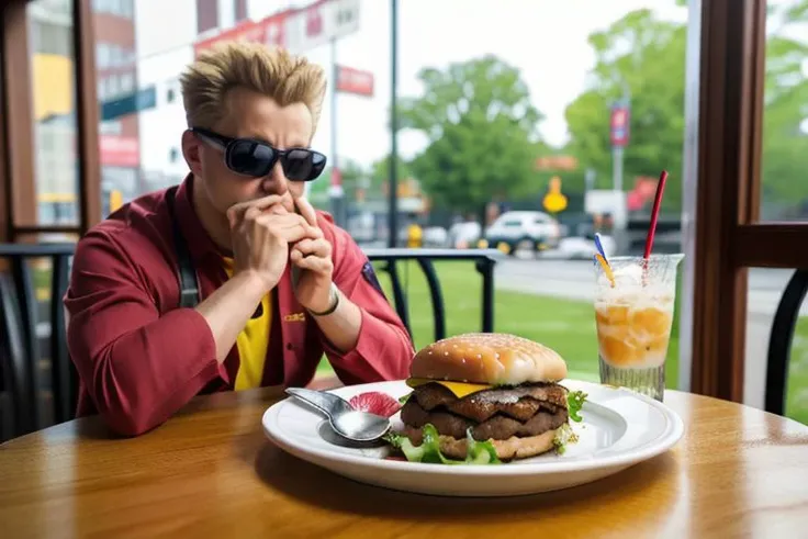 pov across table,looking at viewer,sitting, BREAK  CONCEPT_pov_dating_ownwaifu,www.ownwaifu.com, 
1boy, solo, duke nukem
solo,cup,food,smile,table,blush,plate,blurry,drinking glass with milk,fork,depth of field,blurry background,holding,indoors,blurry foreground,cake,inn, tavern, large plate with saucy cheeseburger , spoon,cafe,glass,head rest,
sharp focus, aesthetic,