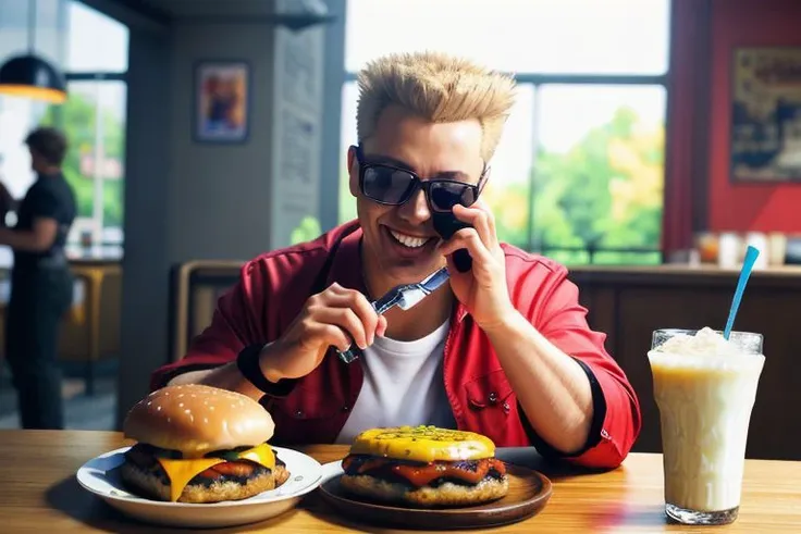 pov across table,looking at viewer,sitting, BREAK  CONCEPT_pov_dating_ownwaifu,www.ownwaifu.com, 
1boy, solo, duke nukem
solo,cup,food,smile,table,blush,plate,blurry,drinking glass with milk,fork,depth of field,blurry background,holding,indoors,blurry foreground,cake,inn, tavern, large plate with saucy cheeseburger , spoon,cafe,glass,head rest,
sharp focus, aesthetic,