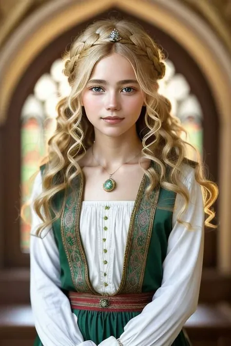 Detailed and realistic portrait photo of a young woman with blonde hair, ( highly detailed, Mucha style:1.15),  <lora:sd15_HannahStein_v1:.9>HannahStein, focus on smiling face, wearing medieval clothing, her hair is styled as Curly Twisted Updo, lens flare, looking at watcher, white bluse, skirt, noble woman, background medieval castle walls, best quality, masterpiece, ultra high res,  
candlelight,