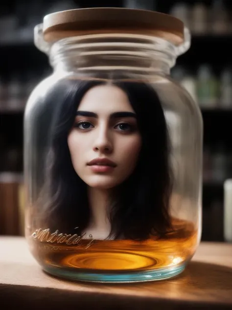 photograph, Samsung Galaxy, Polaroid, Giant midweight Iraqi girl inside a Apothecary jar, Acting, her hair is Good, Depth of field 270mm, <lora:detail_slider_v4:2>