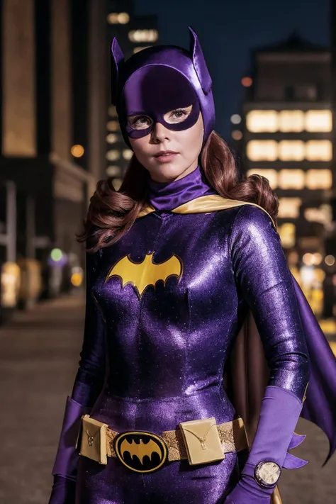 (full body:0.7), photorealistic photo of Batgirl, looking at the camera, realistic, (masterpiece:1.1), (best quality:1.1), beautiful, (intricate details), unity 8k wallpaper, ultra detailed, aesthetic, perfect lighting, <lora:60sBatgirl_V2-000008:0.8>