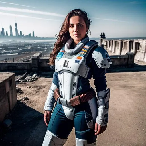 chucky RAW photo, a close up fully body photo of 30 y.o woman in wastelander clothes, background is city ruins, (high detailed skin:1.2), 8k uhd, dslr, soft lighting, high quality, film grain, Fujifilm XT3, highly detailed background
