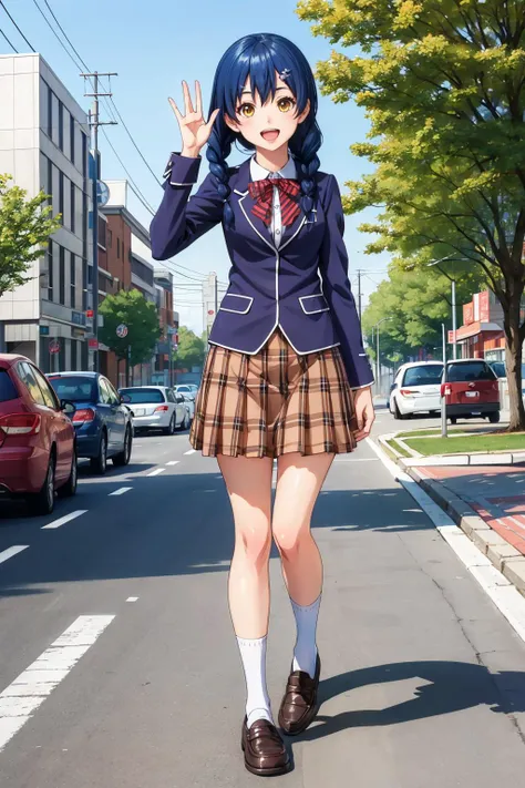 masterpiece, best quality, tadakoro megumi, twin braids, hairclip, school uniform, bowtie, plaid skirt, white socks, loafers, street, trees, waving, smile, open mouth, hand in the air, looking at viewer <lora:megumi-nvwls-v1-000012:0.9>