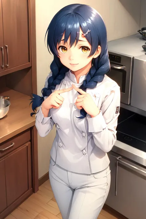 masterpiece, best quality, tadakoro megumi, twin braids, hairclip, chef uniform, long sleeves, white pants, smile, nervous, kitchen, from above, index fingers together <lora:megumi-nvwls-v1-000012:0.9> <lora:concept_indexfingerstogether-10:1.3>