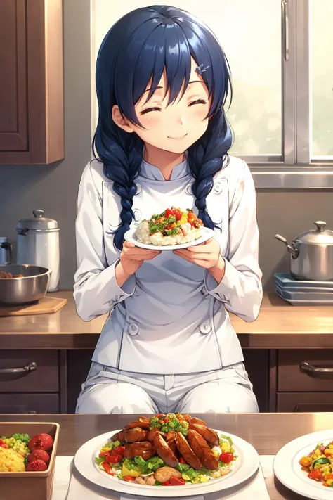 masterpiece, best quality, tadakoro megumi, twin braids, hairclip, chef uniform, long sleeves, white pants, sitting, eating, plate of food, closed eyes, happy, smile, table, kitchen <lora:megumi-nvwls-v1-000012:0.9>