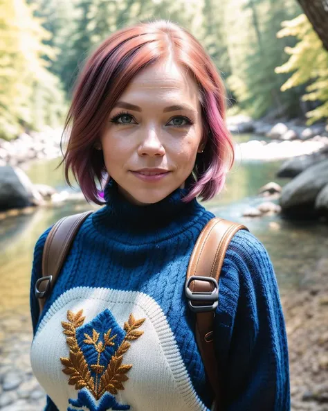 1 woman((portrait mode, happy)) annabellpeaks <lora:annabellpeaks_v3:1>, masterpiece, best quality, ultra-detailed, solo, outdoors, (night), mountains, nature, pale blue eyes, cheerful, happy, mid shot, (backpack), gloves, (wearing embroidered woven turtleneck sweater), flashlight, forest, rocks, river, wood, smoke, shadows, contrast, clear sky, analog style (look at viewer:1.2) (skin texture) (film grain:1.3), ((warm hue, warm tone) :1.2), (closeup shot), cinematic light, side lighting, ultra high res, profile, best shadow, RAW, (wearing loose pullover), short pink hair, ((extreme close up shot, detailed face):1), 18mm lens, shallow depth of field, clear focus, bokeh