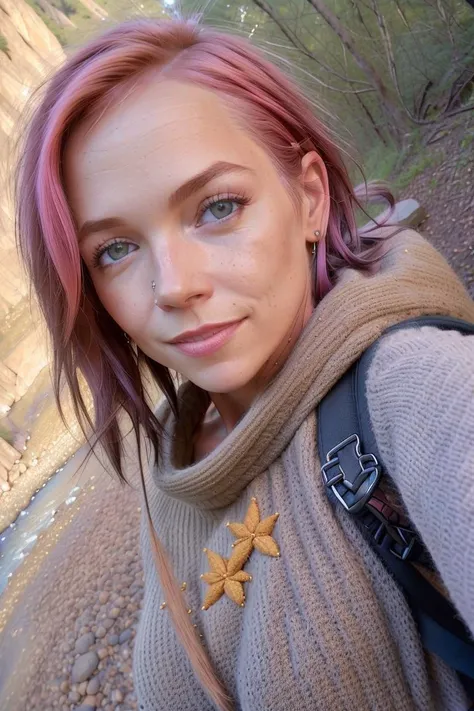 1 woman((close up selfie, happy)) annabellpeaks <lora:annabellpeaks_v1:1>, masterpiece, best quality, ultra-detailed, solo, outdoors, (night), mountains, nature, (stars, moon) cheerful, happy, (backpack), gloves, (sweater), flashlight, forest, rocks, river, wood, smoke, shadows, contrast, clear sky, analog style (look at viewer:1.2) (skin texture) (film grain:1.3), huge boobs, ((warm hue, warm tone) :1.2), (closeup shot), cinematic light, sidelighting, ultra high res, best shadow, RAW, (wearing loose pullover), short pink hair, ((extreme close up shot, detailed face):1), smooth skin