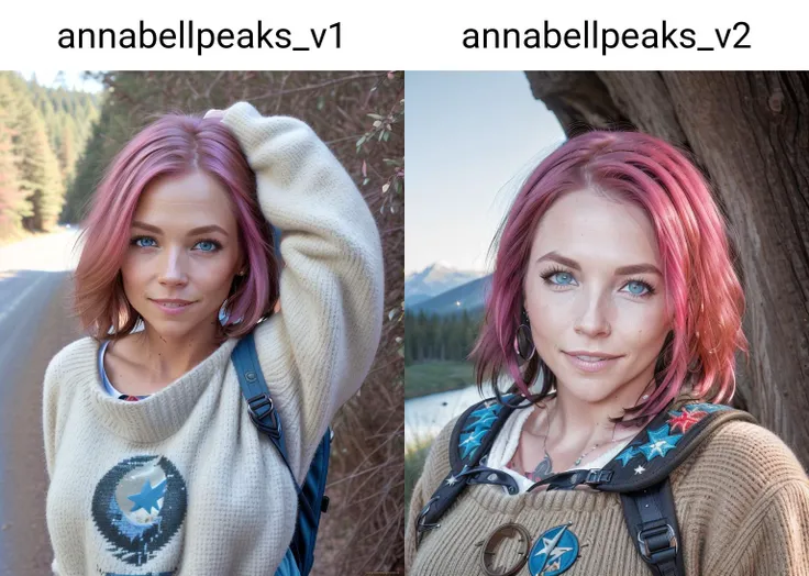 1 woman((portrait mode, happy)) annabellpeaks <lora:annabellpeaks_v1:1>, masterpiece, best quality, ultra-detailed, solo, outdoors, (night), mountains, nature, pale blue eyes, (stars, moon) cheerful, happy, mid shot, (backpack), gloves, (wearing sweater), flashlight, forest, rocks, river, wood, smoke, shadows, contrast, clear sky, analog style (look at viewer:1.2) (skin texture) (film grain:1.3), ((warm hue, warm tone) :1.2), (closeup shot), cinematic light, side lighting, ultra high res, profile, best shadow, RAW, (wearing loose pullover), short pink hair, ((extreme close up shot, detailed face):1), 18mm lens, shallow depth of field, clear focus, bokeh