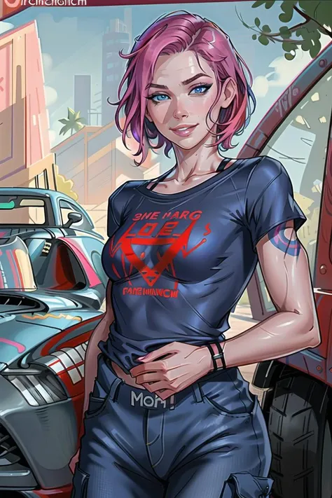 (detailed), beautiful woman annabellpeaks <lora:annabellpeaks_v3:1>, pink hair, pale skin, wearing loose [black:dark blue:0.5] baggy racing cargo pants, (baggy loose untucked tshirt), branded yokohama tyres logo tshirt, pale blue eyes, neck brace, oily sweaty grimy skin, smirk, lips parted, detailed wet hair, (racing harness), dirty, car mechanic, garage, in front of tunung sports car, ((high detailed skin, skin details)), detailed cloth folds, detailed cluttered busy background, hand in pocket, 8k uhd, dslr, high quality, film grain, (intricate linework:1) outlines, professional comic book style, (flat shaded:1)