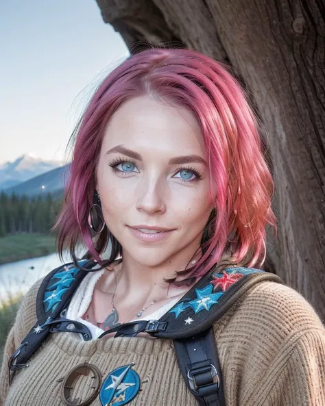1 woman((portrait mode, happy)) annabellpeaks <lora:annabellpeaks_v2:1>, masterpiece, best quality, ultra-detailed, solo, outdoors, (night), mountains, nature, pale blue eyes, (stars, moon) cheerful, happy, mid shot, (backpack), gloves, (wearing sweater), flashlight, forest, rocks, river, wood, smoke, shadows, contrast, clear sky, analog style (look at viewer:1.2) (skin texture) (film grain:1.3), ((warm hue, warm tone) :1.2), (closeup shot), cinematic light, side lighting, ultra high res, profile, best shadow, RAW, (wearing loose pullover), short pink hair, ((extreme close up shot, detailed face):1), 18mm lens, shallow depth of field, clear focus, bokeh