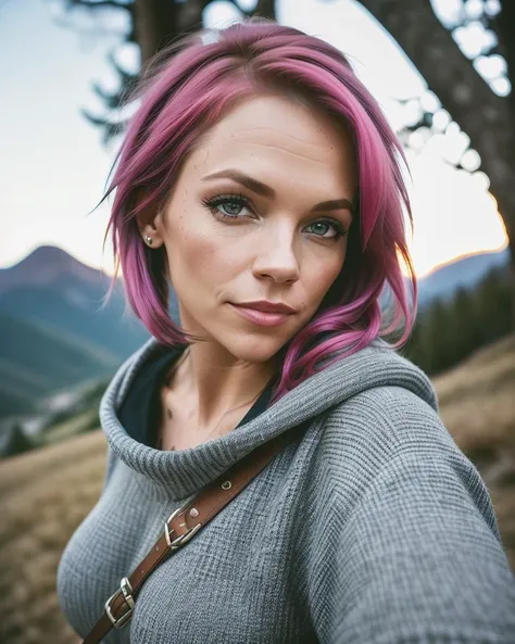 1 woman((portrait mode angled selfie, happy)) annabellpeaks <lora:annabellpeaks_v3:1>, masterpiece, best quality, ultra-detailed, solo, outdoors, (night), mountains, nature, (stars, moon) cheerful, happy, (backpack), pale blue eyes, nose ring, short hair, (sweater), forest, rocks, river, wood, smoke, shadows, contrast, clear sky, analog style (look at viewer:1.2) (skin texture) (film grain:1.3), huge boobs, ((warm hue, warm tone) :1.2), (closeup shot), cinematic light, sidelighting, ultra high res, best shadow, RAW, (wearing loose pullover), short pink hair, ((extreme close up shot, detailed face):1), smooth skin