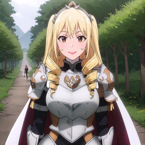 best quality, (masterpiece:1.2), highly detailed, 1girl, solo,
medival, forest,
<lora:chara_GATEJietai_BozesCoPalesti_v1:0.8>, bozes co palesti, standing, smile, closed mouth, looking at viewer,
blonde hair, long hair, drill hair, brown eyes, lipstick, upper body,
breastplate, shoulder armor, cape, tiara