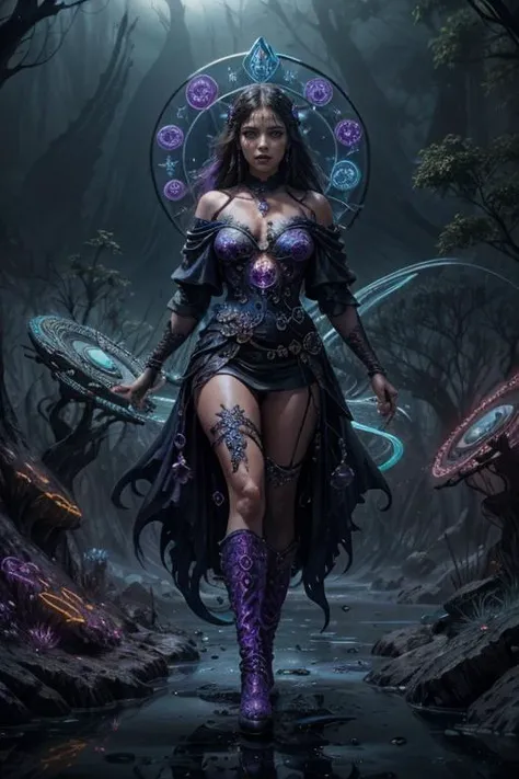 (best quality, masterpiece, 8k uhd, photorealistic, realism, cinnamatic, detailed skin, hyper detailed face, detailed hair), gothic makeup, lipstick eyeshadow, long eyelashes, mystical eyeliner style,   mesmerizing dark princess In a backlight garden of twisted obsidian trees and surreal dreamscape of swirling colors:1.5, energy maelstrom, draped in a gown embracing her slender figure, (exquisite crafted fabric that shimmers like liquid moonlight:1. 3), dress is mixed fusion of Victorian and avant-garde style, ((background is crystalline forest)), (Intricate glass diamond decorations:1.2), neckline plunges gracefully, edges glimmer with icy brilliance, hint of delicate lace and a choker adorned with an obsidian pendant glimmers mysteriously, sleeves are sheer and adorned with cascading silver arabesque, soft leather boots, glass shards of a shattered mirror, (deep hues of midnight blue and amethyst MagicalCircle, neon bright swirling magic in air:1.6), casting magic reflecting the depths of her ancient soul, flowing ebony tresses cascade down her back, adorned with black feathers and sparkling gemstones, perfect harmony of darkness and elegance, mysterious energy, landscape seems to shift and warp, Rimlights, Backlight, narrow waist, wide pelvis and huge hip,  long slim arms and long slim sexy legs, (seduced face:1.5), arrogant sexy pose, (full body:1.3), <lora:add_detail:0.6>, DV_Alondra_Vicious, DarkFantasy:0.5 , <lora:MagicalCircle_Sora:0.6>