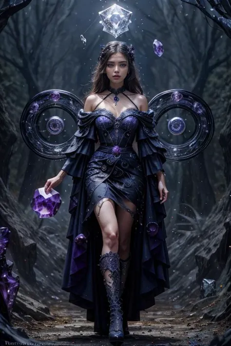 (best quality, masterpiece, 8k uhd, photorealistic, realism, cinnamatic, detailed skin, hyper detailed face, detailed hair), gothic makeup, lipstick eyeshadow, long eyelashes, mystical eyeliner style,   mesmerizing dark princess In a backlight garden of twisted obsidian trees and surreal dreamscape of swirling colors:1.5, energy maelstrom, draped in a gown embracing her slender figure, (exquisite crafted fabric that shimmers like liquid moonlight:1. 3), dress is mixed fusion of Victorian and avant-garde style, ((background is crystalline forest)), (Intricate glass diamond decorations:1.2), neckline plunges gracefully, edges glimmer with icy brilliance, hint of delicate lace and a choker adorned with an obsidian pendant glimmers mysteriously, sleeves are sheer and adorned with cascading silver arabesque, soft leather boots, glass shards of a shattered mirror, (deep hues of midnight blue and amethyst MagicalCircle, swirling magic in air:1.6),  reflecting the depths of her ancient soul, flowing ebony tresses cascade down her back, adorned with black feathers and sparkling gemstones, perfect harmony of darkness and elegance, mysterious energy, landscape seems to shift and warp, Rimlights, Backlight, narrow waist, wide pelvis and huge hip,  long slim arms and long slim sexy legs, (seduced face:1.5), arrogant sexy pose, (full body:1.3), <lora:add_detail:0.6>, DV_Alondra_Vicious, DarkFantasy:0.5 , <lora:MagicalCircle_Sora:0.6>