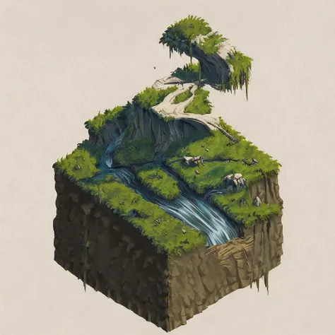 (masterpiece, best quality, ultra-detailed, best shadow), 2d art, concept art,<lora:isometria:0.8>, hill, river