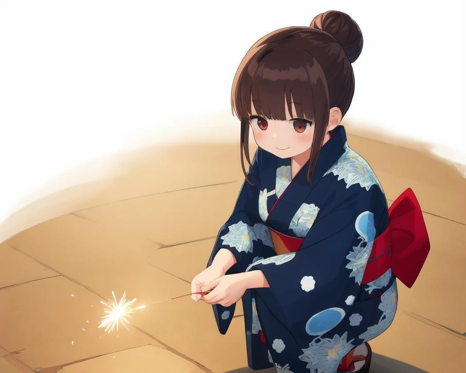 1girl, solo, long sleeves, black hair, japanese clothes, yukata, sparkler, sash, holding, smile, brown hair, floral print, squatting, hair bun, <lora:handheld_fireworks_v1:0.5>, 1girl, anime coloring, tabi