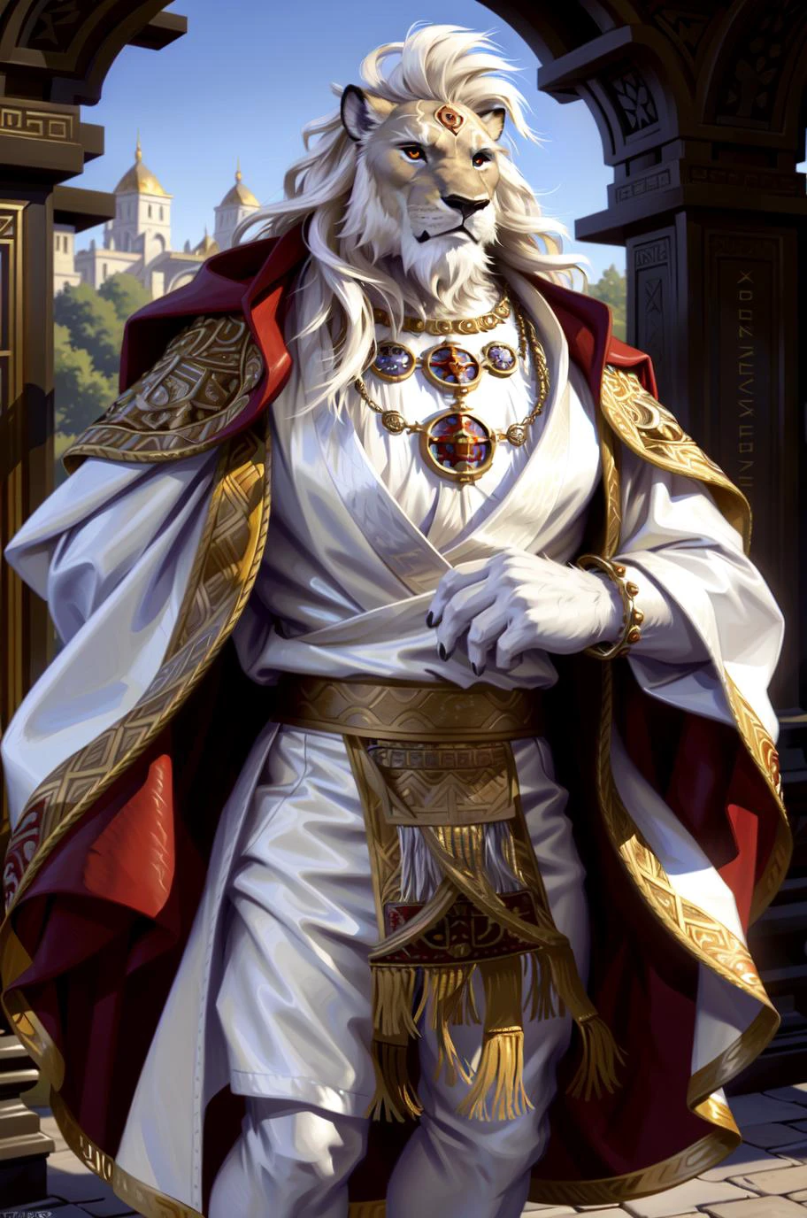 (by taran fiddler), (by darkgem:0.8), (by chunie:1), masterpiece,
(robe), sash, portrait, seductive, looking at viewer, smile, grin, (javid), lion, (detailed pixar eyes:1.2), black sclera, detailed eyes, male, solo, anthro, epic, white fur, hair,
(detailed temple background), <lora:add_detail:0.3>, <lora:LoraJavidBY_javid:1>