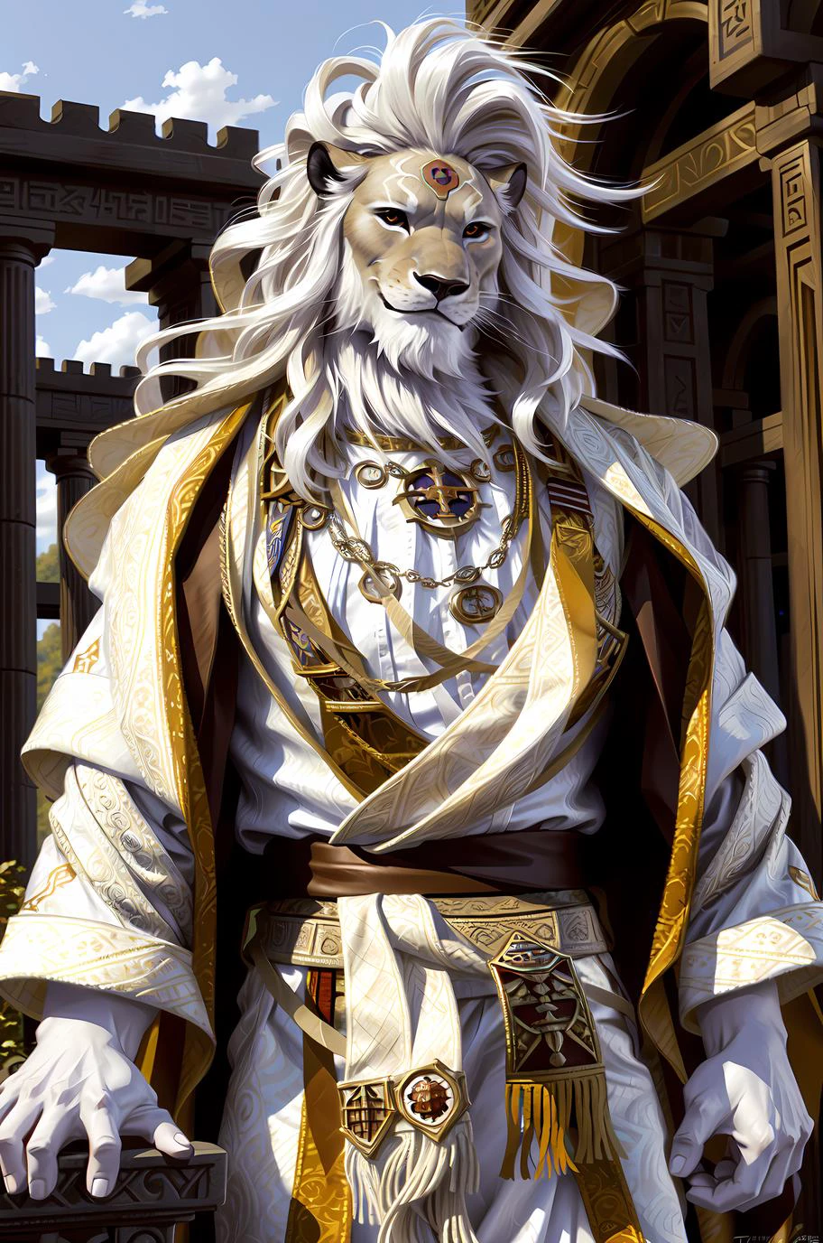 (by taran fiddler), (by darkgem:0.8), (by chunie:1), masterpiece,
clothing, robe, sash, portrait, seductive, looking at viewer, smile, grin, (javid:1.2), lion, (detailed pixar eyes:1.2), black sclera, detailed eyes, male, solo, anthro, epic, white fur, hair,
(detailed temple background), <lora:add_detail:0.3>, <lora:LoraJavidBY_javid:1>