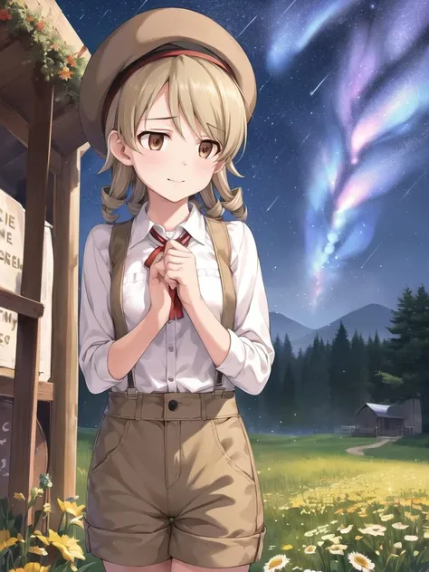 BREAK <lora:morikubo nono v2:1>,morikubo nono, 1girl, drill_hair,(light_brown_hair:1.2), ((brown eyes)).
BREAK , (masterpiece:1.2), best quality, high resolution, unity 8k wallpaper, (illustration:0.8), extremely detailed face, perfect lighting, extremely detailed CG, (perfect hands, perfect anatomy),
((station platform,unmanned station)),(shortcut_hair),
((look away)),((((night,meadow at night,midnight, starry sky)))),
BREAK sleeves, long-sleeved white shirt, rolled up sleeves,
BREAK ((darkbrown shorts,Newsboy hat)),suspenders,
BREAK ((red_ribbon)),
outdoors, cowboy shot,
14 years old,
blurry background,
smile,small breasts,
nsfw,( top quality, best quality, official art, beautiful and aesthetic:1.2), (1girl,cute:1.3), extreme detailed, colorful, highest detailed ((ultra-detailed)), (highly detailed CG illustration), ((an extremely delicate and beautiful)),(outdoors, Nature, country, mountain,
depth of field, sparkle, bokeh,
