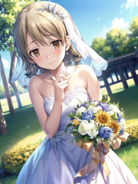 BREAK (weddingdress,white,white_wedding_dress,wedding veil,white),
BREAK (bouquet,(holding a bouquet)),
BREAK <lora:morikubo nono v2:1>,morikubo nono, 1girl,smile, , drill_hair, earrings, hair_flower, (light_brown_hair:1.2), ((brown eyes)).
BREAK downcast gaze,
BREAK <lora:GoodHands-vanilla:1>, (masterpiece:1.2), best quality, high resolution, unity 8k wallpaper, (illustration:0.8), 
extremely detailed face, perfect lighting, extremely detailed CG, (perfect hands, perfect anatomy),
,((embarrassed)), (parted_lips),stand,troubled face,
blurry background,
nsfw,( top quality, best quality, official art, beautiful and aesthetic:1.2), (1girl,cute:1.3), extreme detailed, colorful, highest detailed ((ultra-detailed)), (highly detailed CG illustration), ((an extremely delicate and beautiful)),(depth of field, sparkle, bokeh, dappled sunlight), (),
<lora:ballgownGoth:1>
<lora:shirtliftv1:0.5>,shirtlift <lora:FaceSizeAdjuster:-1.0>