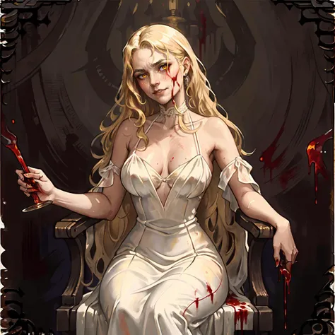 ((By Brom)), Masterpiece, (dark cinematic lighting), dramatic, highly detailed painting of ([beautiful|crazy] 1870s woman with short disheveled blonde hair), yellow eyes, perfect face, evil grin, dark background, (wearing white evening dress with blood stains:1.2), sitting on a old wooden chair, spot light, shallow depth of field, oil on board, ominous atmosphere, brush strokes, intricately detailed, (portrait),  eye focus, front view