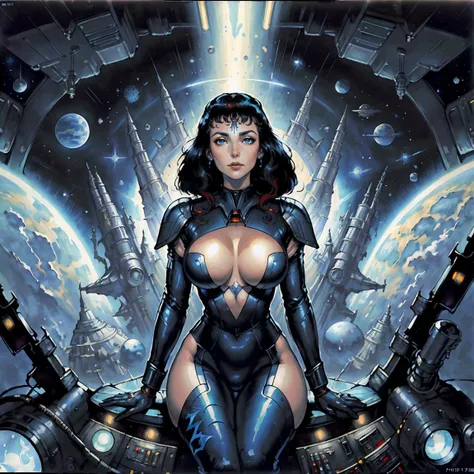 masterpiece, ((by Philippe Druillet)), downblouse, (beautiful lighting), highly detailed illustration of (teasing [Vulcan|Woman] space ship pilot with short black hair and white skin), blue eyes, perfect face, eye focus, detailed facial features, looking up at viewer,(wearing  and blue space pilot uniform), fleet commander, athletic body, , (cleavage), sitting in the cockpit of space shuttle, (sci-fi), analog knobs and switches in background, ambient light, intricately detailed, hires scan, oil on canvas, front view, medium closeup, 