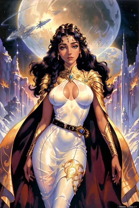 masterpiece, (beautiful lighting:1.1), highly detailed 1980s (sci-fi) illustration of a (Royal French woman with black crown braid hair, princess of Space colony on alien planet), perfect face, detailed facial features, [makeup], (wearing see through white sheath dress with cloak and golden belt:1.2), intricately detailed, [bold|bright] colors, oil on canvas, (heavy metal magazine cover art:0.8), complex and detailed background, seductive, erotic, (by Richard Cohen:1.2)