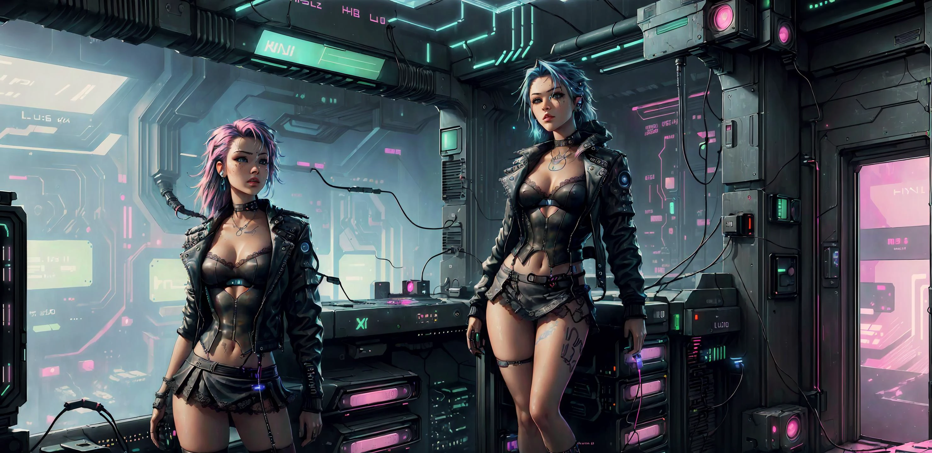 (((masterpiece)), ((picture of a landscape)), image from the movie the matrix, (((in a high-tech cyberpunk world, the CPU of a powerful computer))), the inside of a gigantic computer with ((fluorescent green and pink matrix symbols)), ((a gigantic data center)), the background you can see the computer's CPU like a mighty god, a super-intelligent brain that rules this world, with many cables connecting to it from everywhere, transmitting data of all kinds while glowing from the computer's energy like fiber optics, ((very detailed)), with the matrix symbols , (1woman), ((front view)), (((sexy cyberpunk hacker woman dressed on mini-skirt , lace and leather jacket)), ((insane woman details, highly detailed, perfect face))